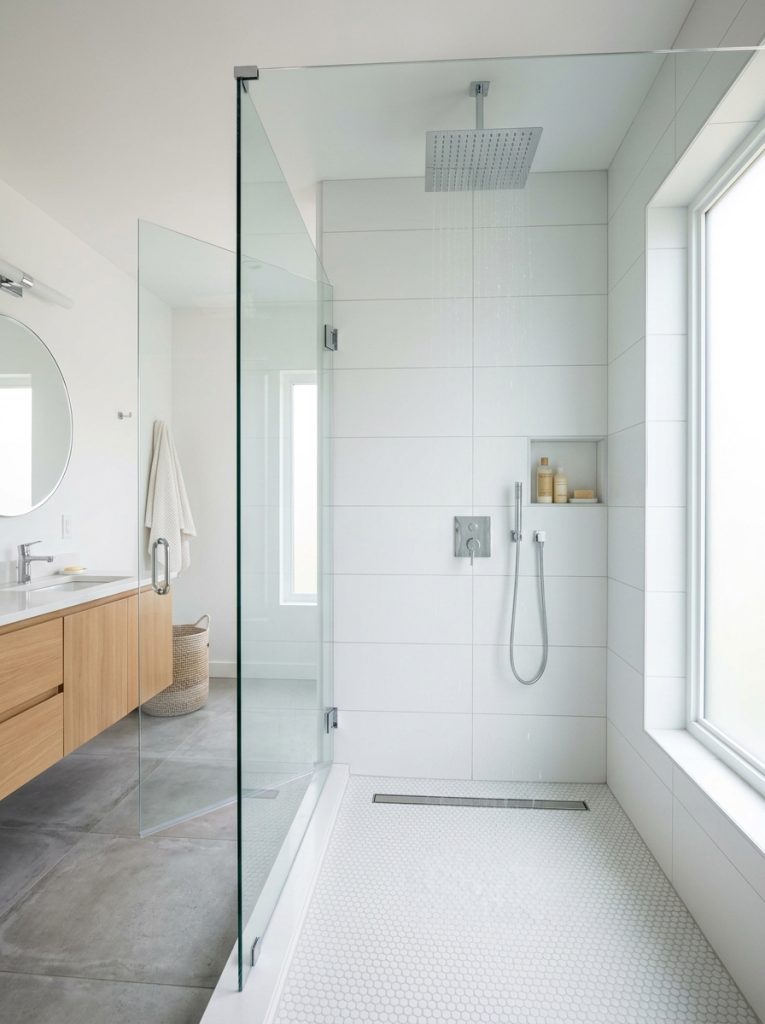 Walk-in shower with frameless clear glass panel rainfall showerhead and large white tiles in a bright open modern bathroom