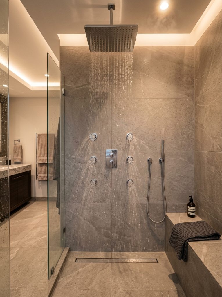 Luxurious shower with ceiling mounted rainfall showerhead and wall body jets in large format tiled enclosure with warm spa-like lighting