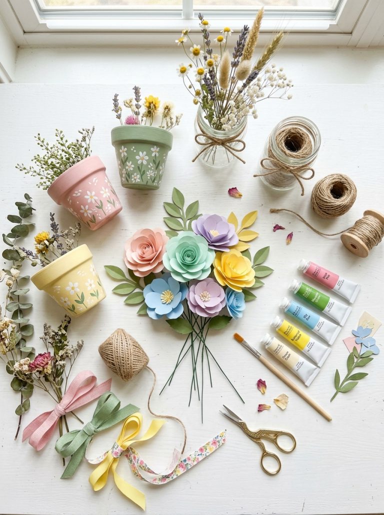 Easy spring crafts supplies including paper flowers painted pots dried flowers glass jars acrylic paint and ribbon on white surface