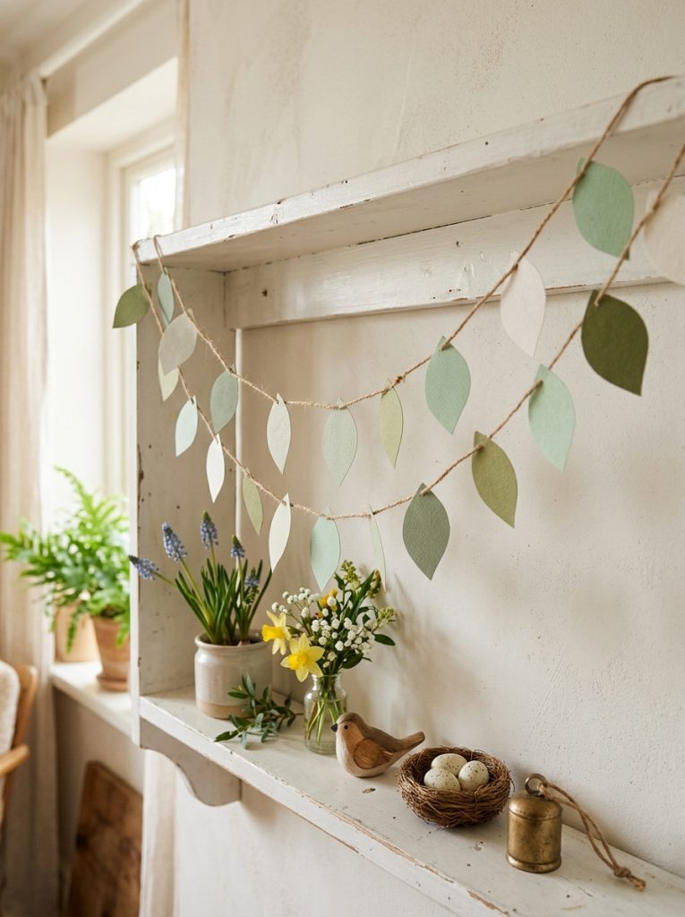 Soft spring garland made from paper leaf shapes in green and white on jute twine draped across a white wooden shelf
