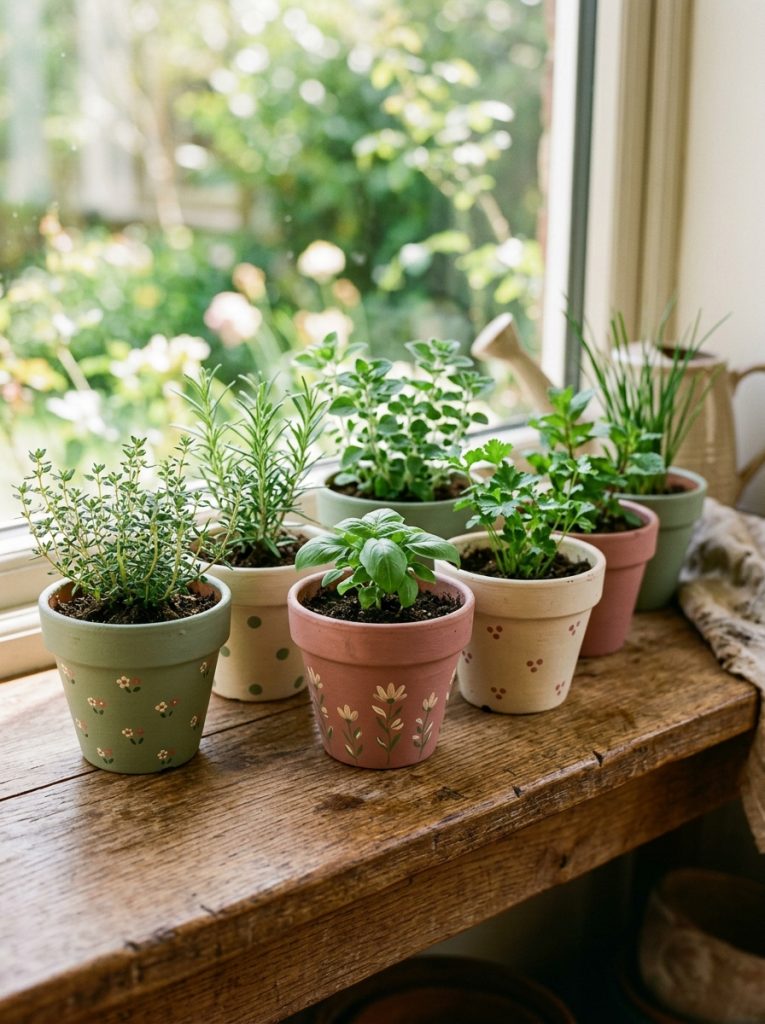 Small terracotta pots painted in sage green dusty rose and cream with floral dots and herbs on a wooden shelf for spring