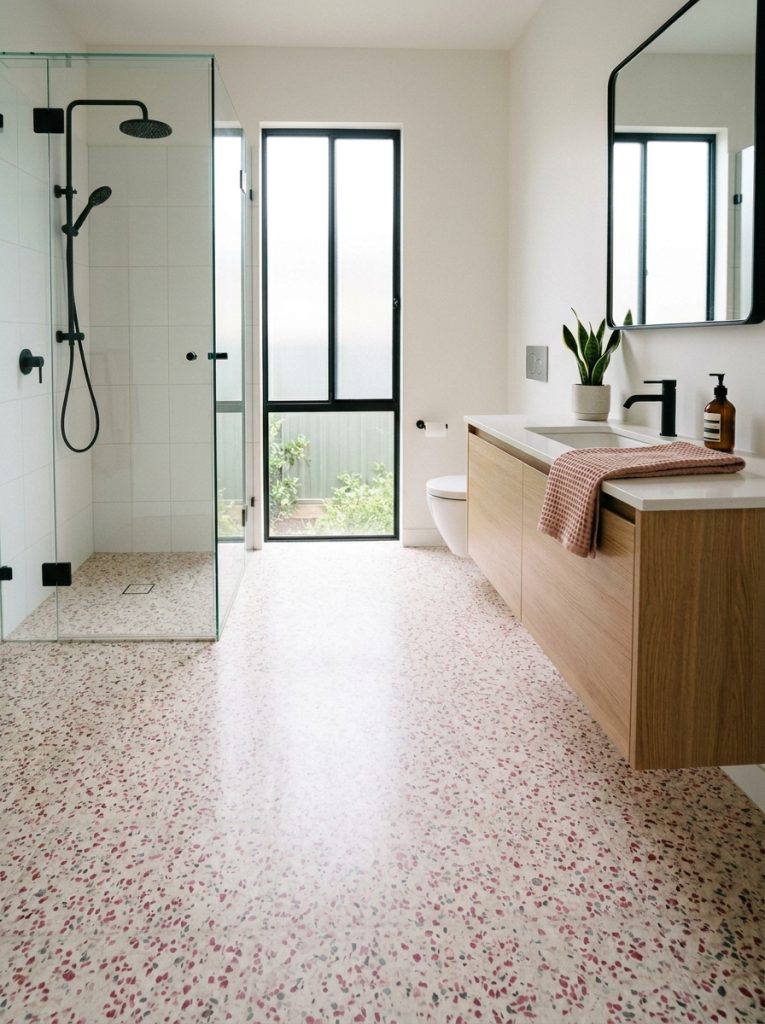 Bathroom floor with terrazzo tiles in white base with pink and grey speckled aggregate in a modern clean bathroom with bright natural light