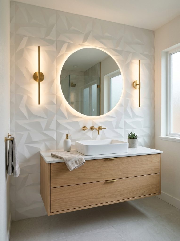 Bathroom feature wall with three-dimensional textured white tiles creating shadow and depth with modern floating vanity and soft lighting