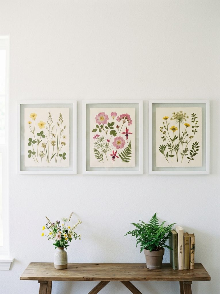 Three white frames with pressed wildflowers in yellow pink and green arranged as a botanical art gallery wall for spring
