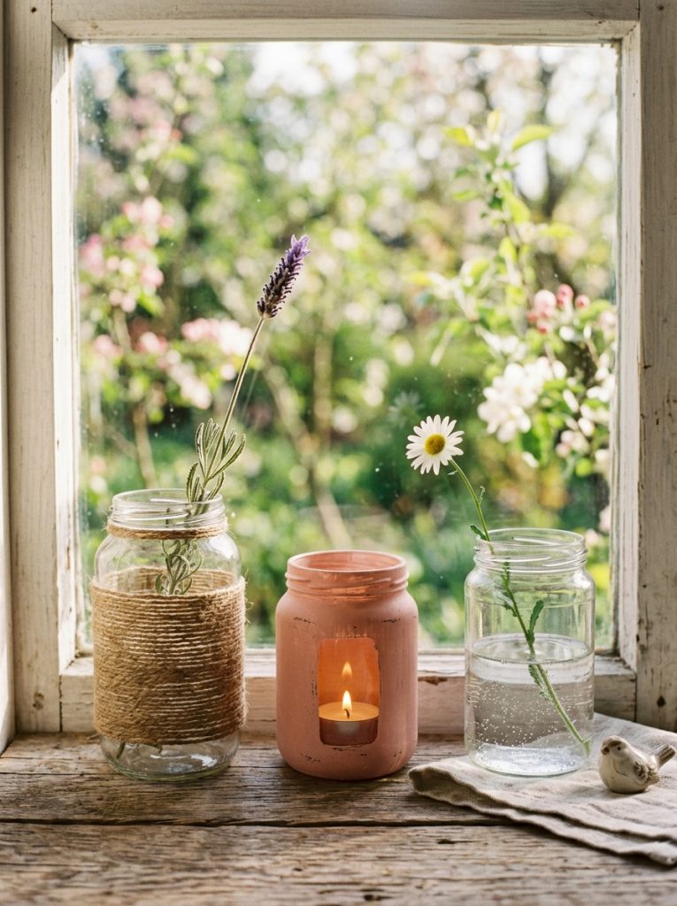 Three glass jars turned spring decor with jute twine dried lavender painted finish and wildflower stem on a kitchen windowsill