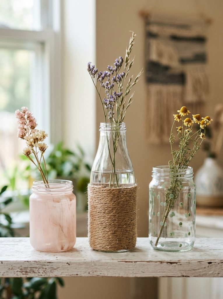 Three upcycled glass jars as spring vases with paint wash jute twine and polka dots each holding a dried wildflower stem
