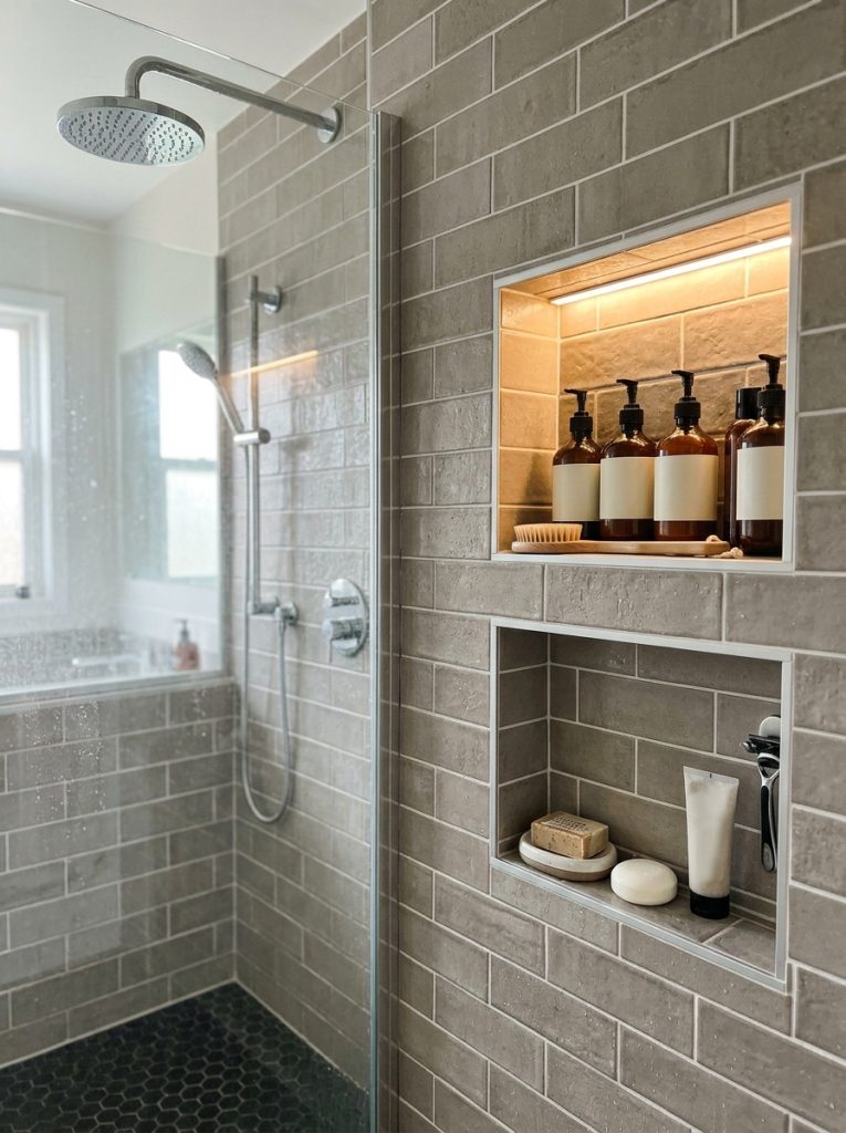 Tiled shower with built-in storage niches at different heights tiled to match surrounding walls with LED lighting holding bathroom products