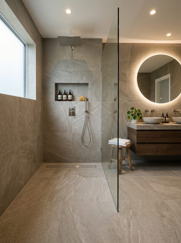 Modern wet room bathroom with large format tiles throughout linear drain glass partition and open spa-like design