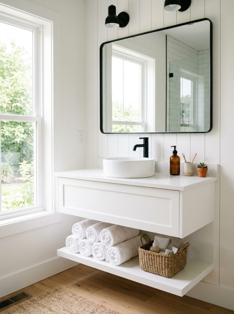 White floating bathroom vanity with open shelf underneath holding rolled towels and basket with vessel sink and matte black faucet