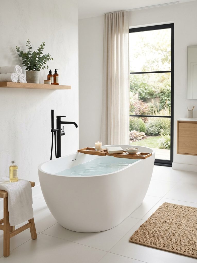 Modern white freestanding soaking tub as bathroom centerpiece near large window with matte black floor faucet and white tile floor
