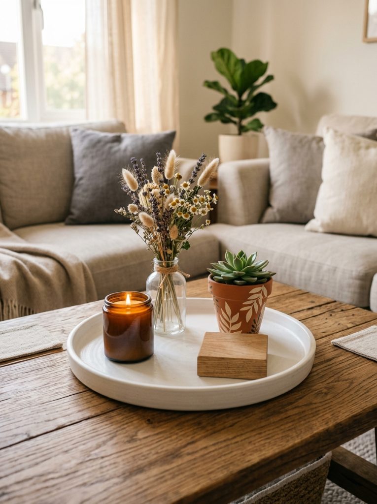 White decorative tray styled with candle jar dried wildflowers painted pot and wooden block as a curated spring coffee table vignette