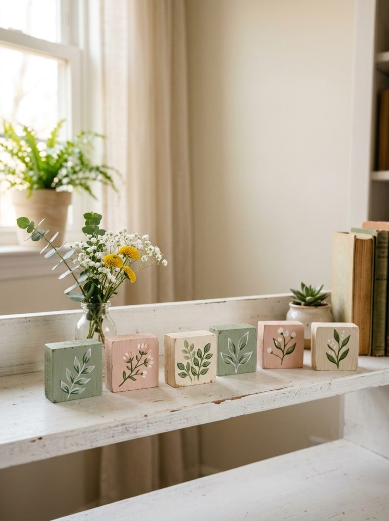  Small wooden blocks painted sage green blush and cream with botanical leaf motifs as spring decor accents on a white shelf