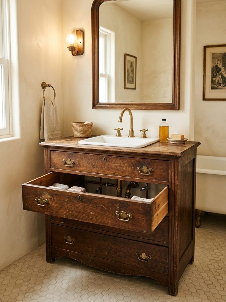 Vintage wooden dresser converted into bathroom vanity with white undermount sink original drawer pulls and preserved character in a warm charming bathroom