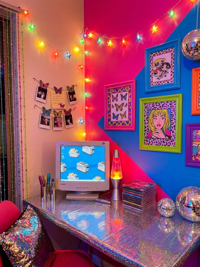 Y2K DIY room decor holographic desk star fairy lights neon pink blue chunky frames butterfly clips metallic accents retro nostalgic