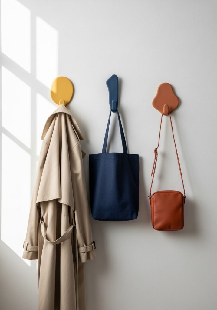 Colorful abstract shaped air dry clay wall hooks with coats and bags in entryway