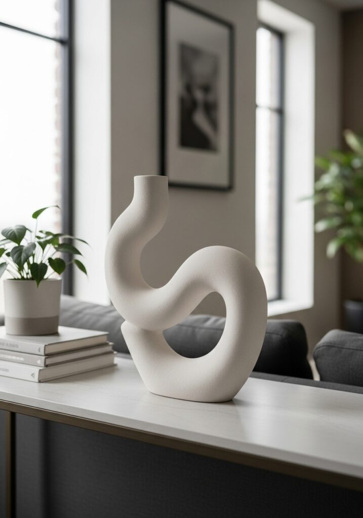 Abstract organic shaped white air dry clay sculpture on modern console table