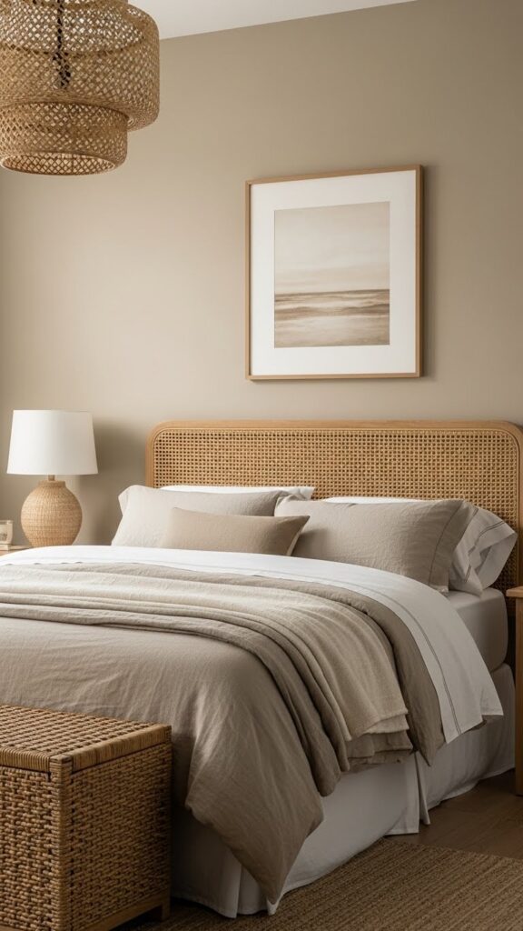 Comfortable bedroom with Accessible Beige paint showing warm reliable neutral creating cozy inviting atmosphere