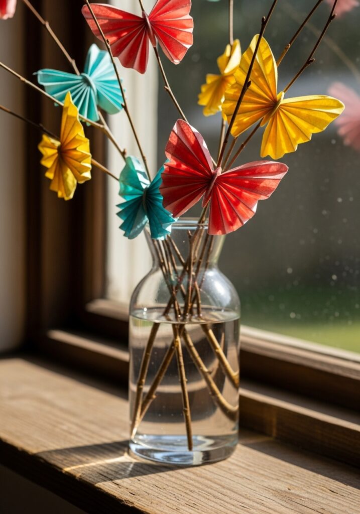 Colorful folded paper butterflies on branches in glass vase