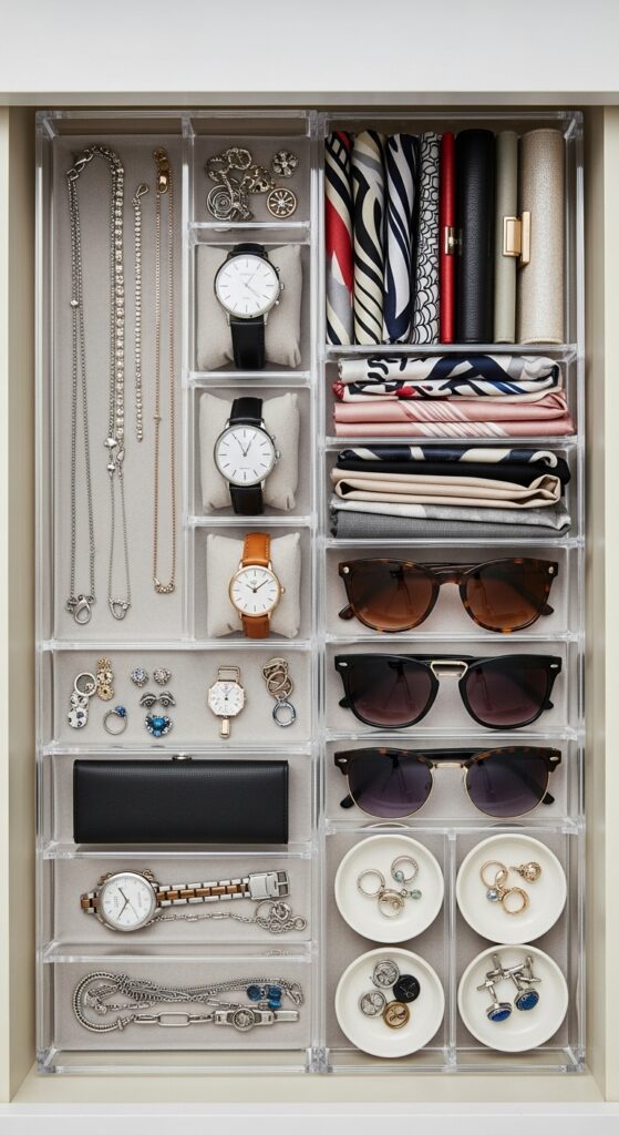 Clear acrylic drawer inserts organizing accessories with complete visibility