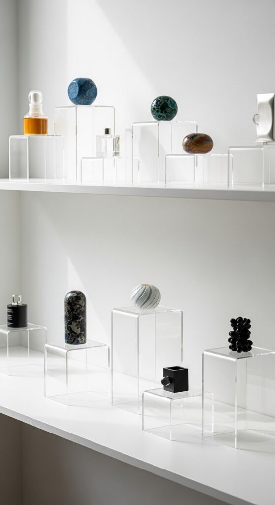 Clear acrylic risers creating varied heights on shelf for dynamic display