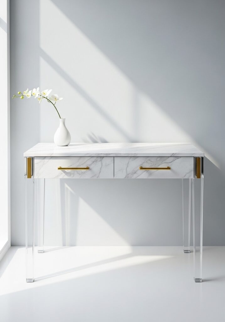  Clear acrylic vanity table with white marble top and gold hardware