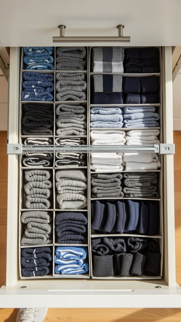 Spring-loaded adjustable drawer dividers that accommodate changing clothing sizes