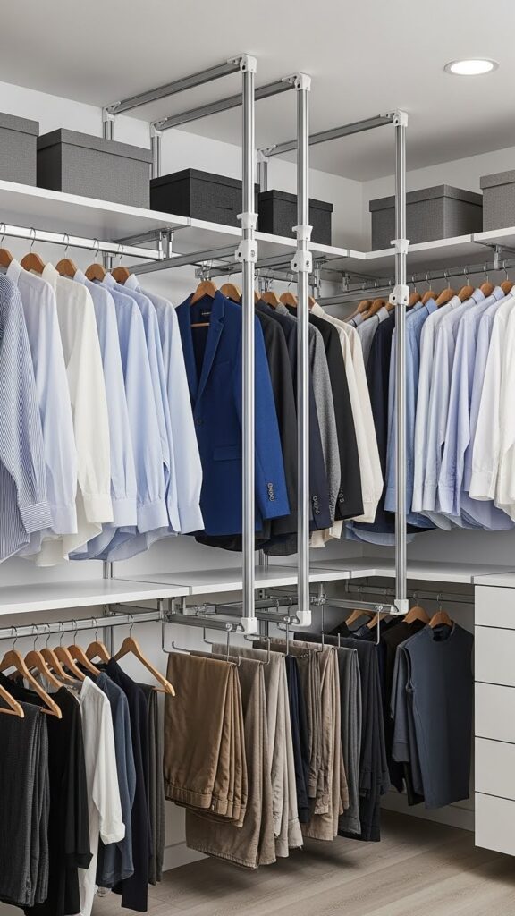  Adjustable hanging rod system providing flexible clothing storage as kids grow