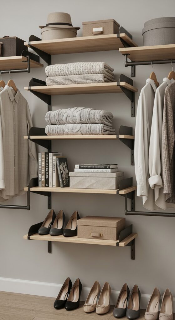 Adjustable closet shelving system adapting to various storage needs