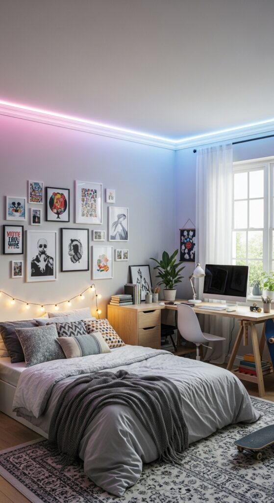 Teen bedroom with aesthetic decor featuring LED lights, gallery wall, and cozy bedding