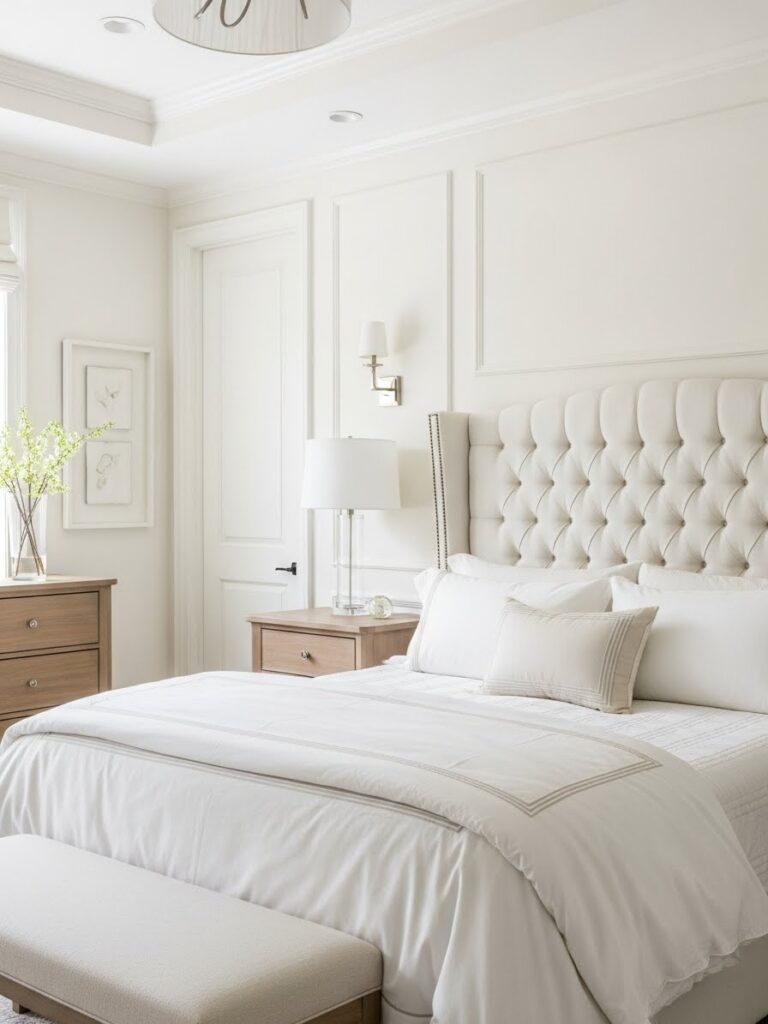 Elegant bedroom painted in Alabaster white showing creamy sophisticated undertones and luxury hotel aesthetic