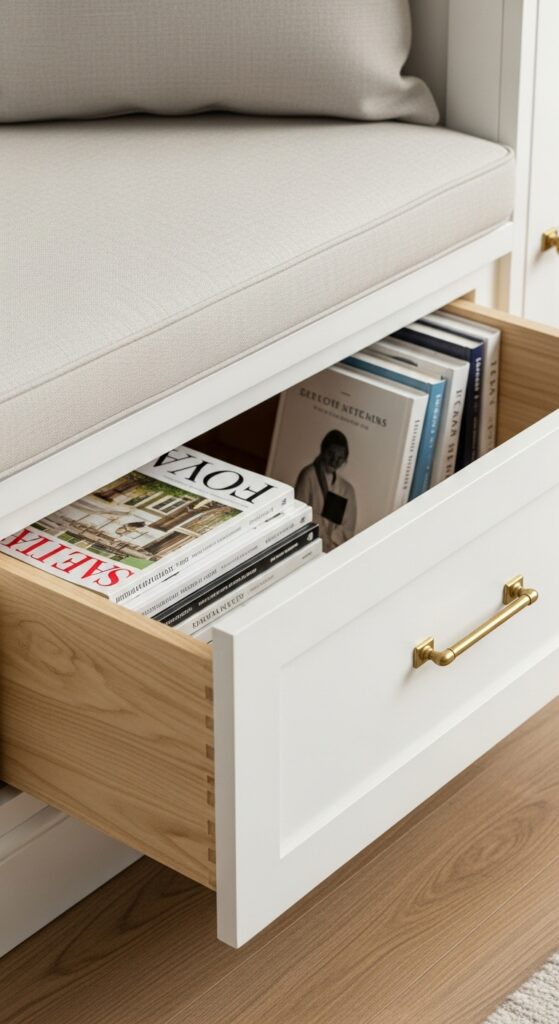 Detail of built-in storage drawers beneath alcove reading nook bench seat