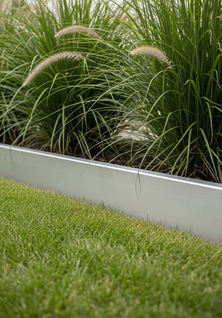  Brushed aluminum landscape border creating contemporary minimalist garden edge