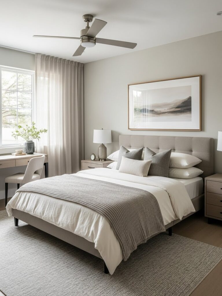 Modern American bedroom with greige and warm white color palette