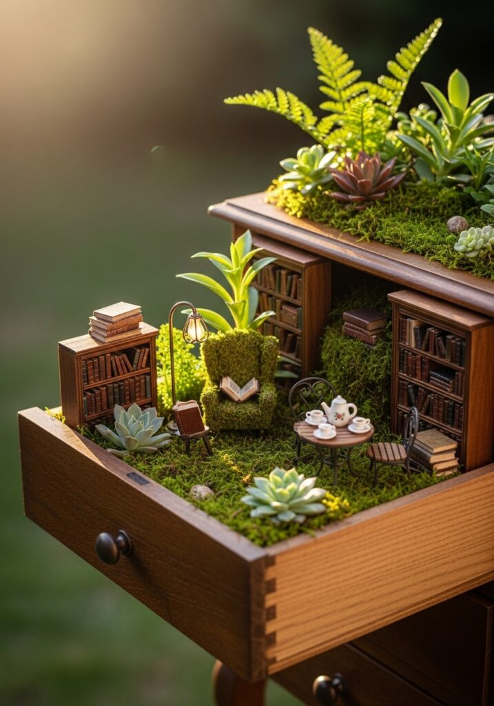 Vintage drawer fairy garden designed as miniature library