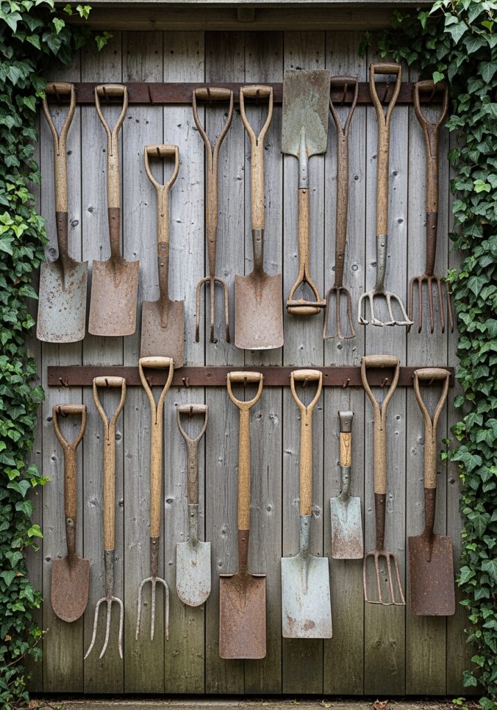 Antique garden tools with weathered wooden handles arranged decoratively on barn wood creating rustic wall display