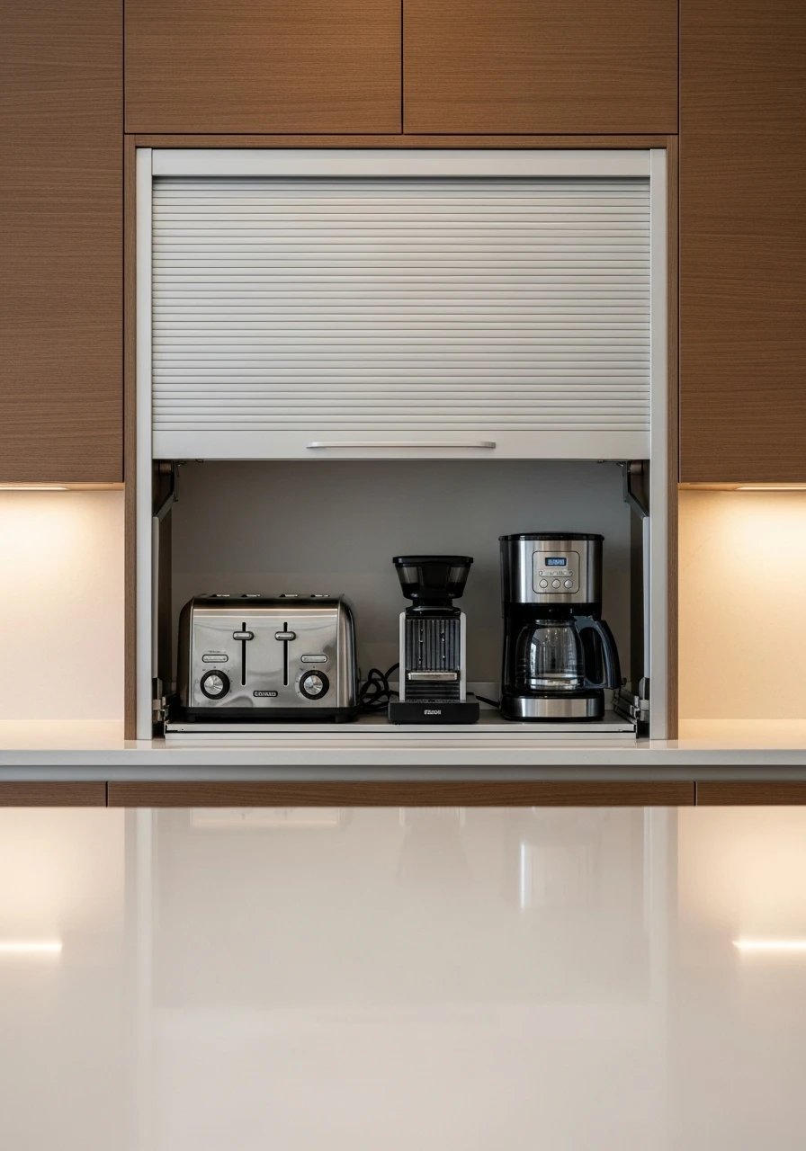 Kitchen appliance garage with roll-up door hiding toaster and coffee maker