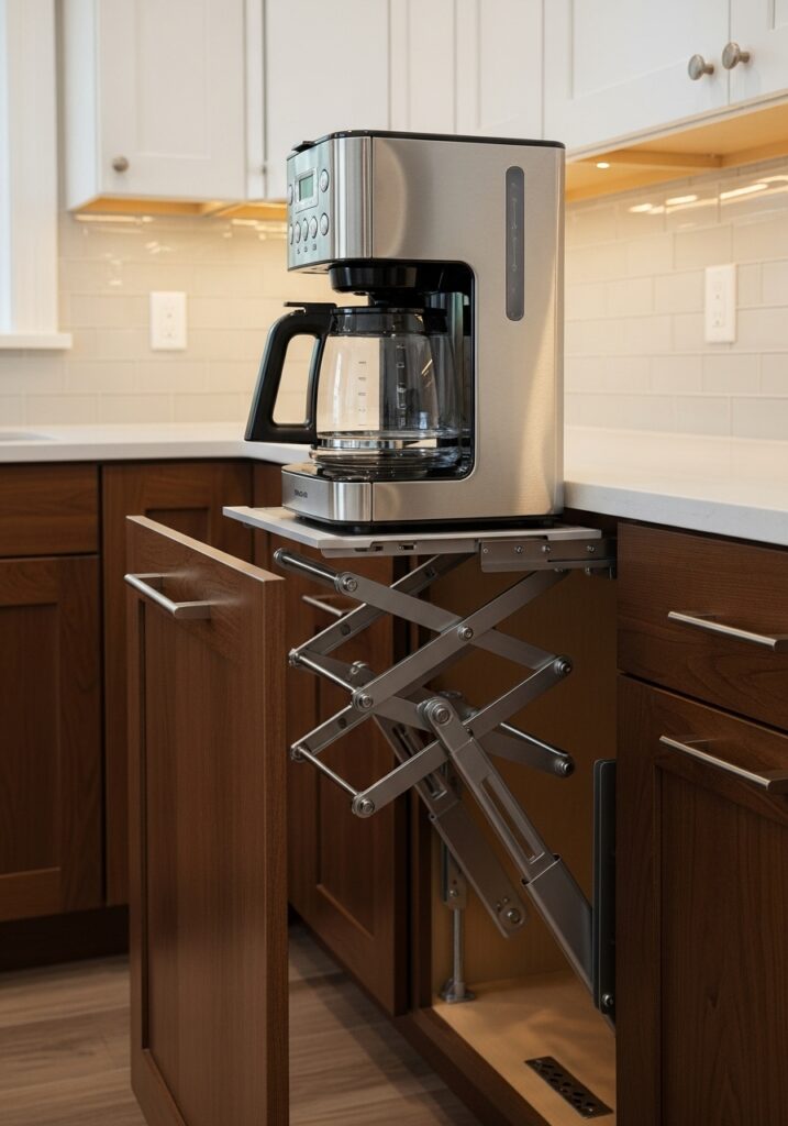 Mechanical appliance lift raising coffee maker from lower cabinet

