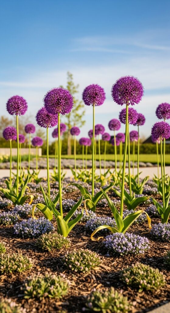 Purple allium globes on tall stems rising above perennials creating architectural garden design