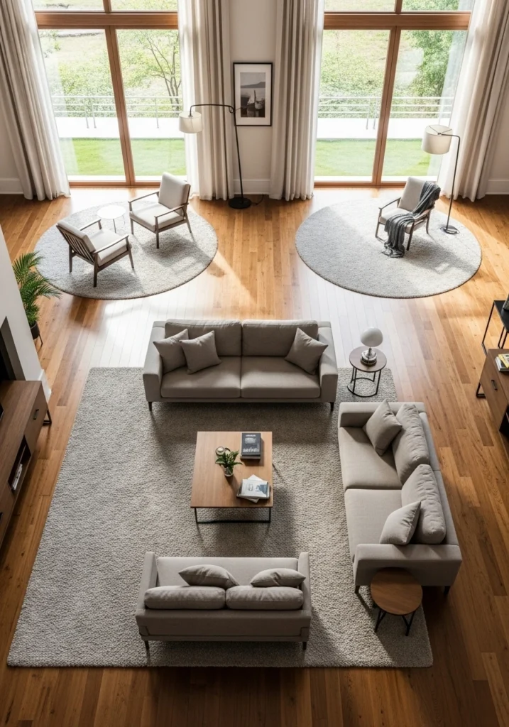 Multiple area rugs creating functional zones in open living room