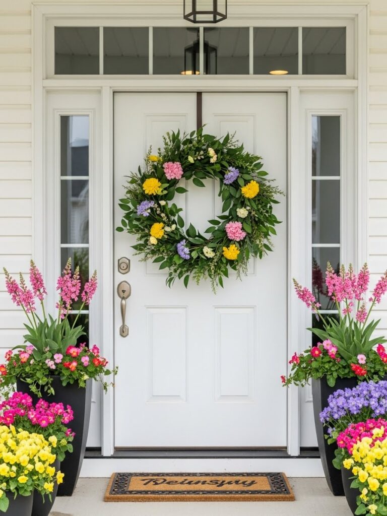Asymmetrical spring wreath on a clean front door with colorful flowers in side planters