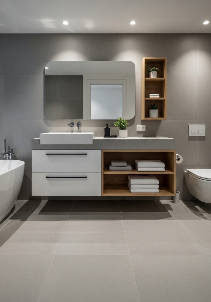 Modern asymmetrical bathroom vanity with mixed storage and offset sink