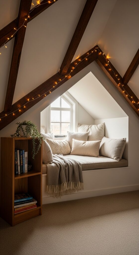 Cozy attic dormer reading nook with cushioned bench under sloped ceiling and exposed beams
