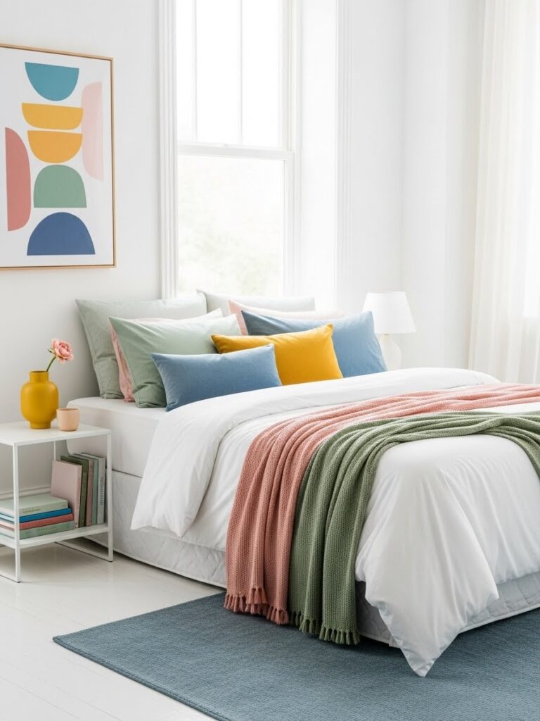 Layered white bedroom with colorful accent decor and modern style