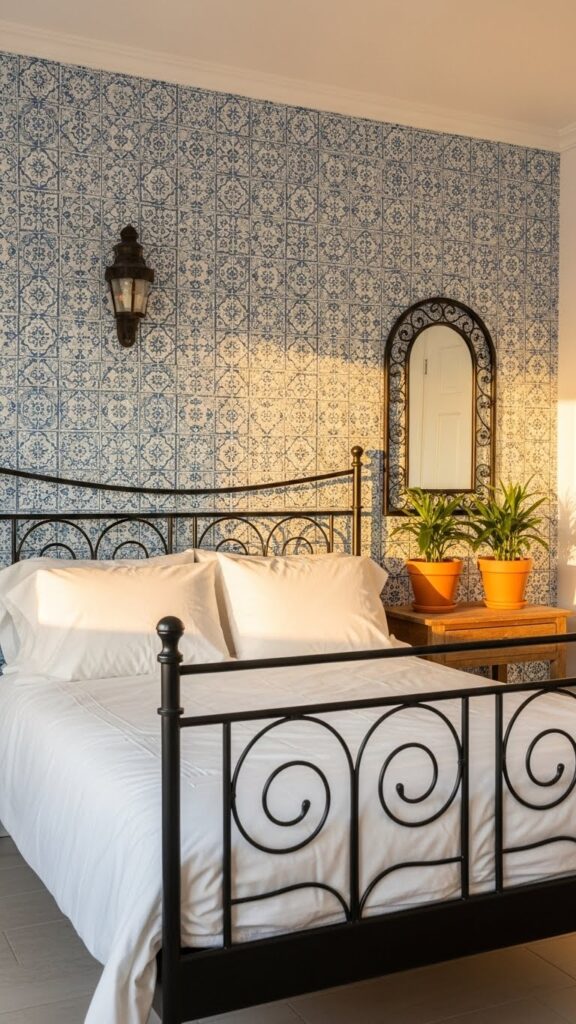 Azure blue and white geometric tile pattern wallpaper in Mediterranean-style bedroom