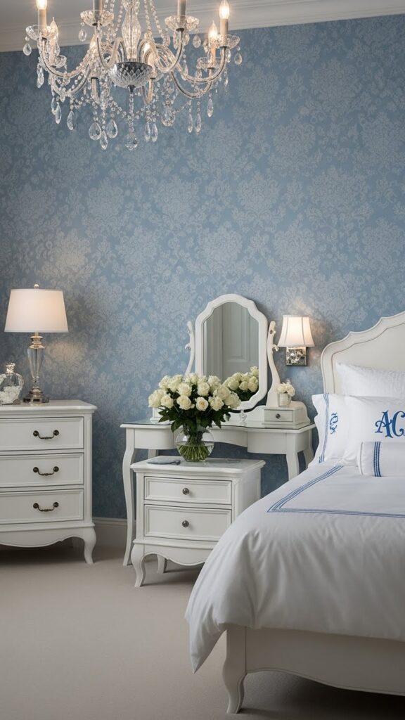 Baby blue tone-on-tone damask wallpaper with baroque pattern in elegant bedroom