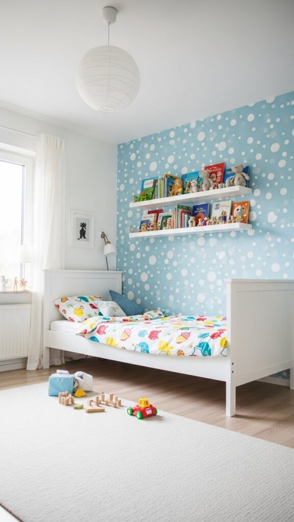 Baby blue polka dot accent wall in cheerful kids bedroom full room view