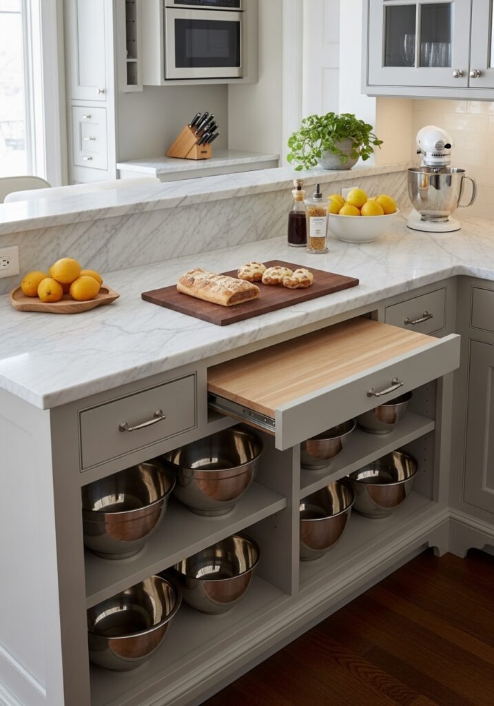 Kitchen baking station with marble countertop at lower height for easier prep
