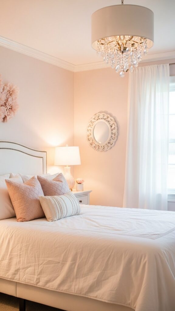 Romantic bedroom with Ballet White paint showing gentle pink undertones creating soft warm glowing atmosphere
