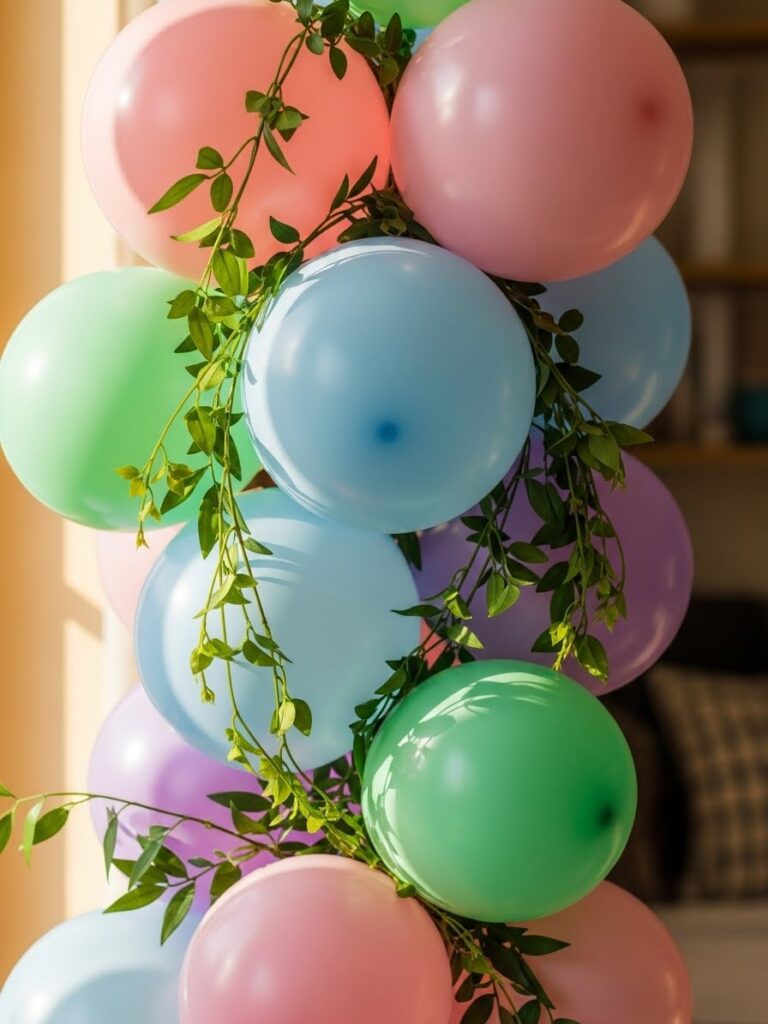 Close-up of pastel balloon garland with greenery for spring decor