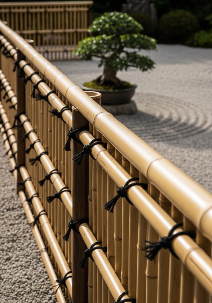 Natural bamboo cane border fence creating Asian-inspired zen garden edge